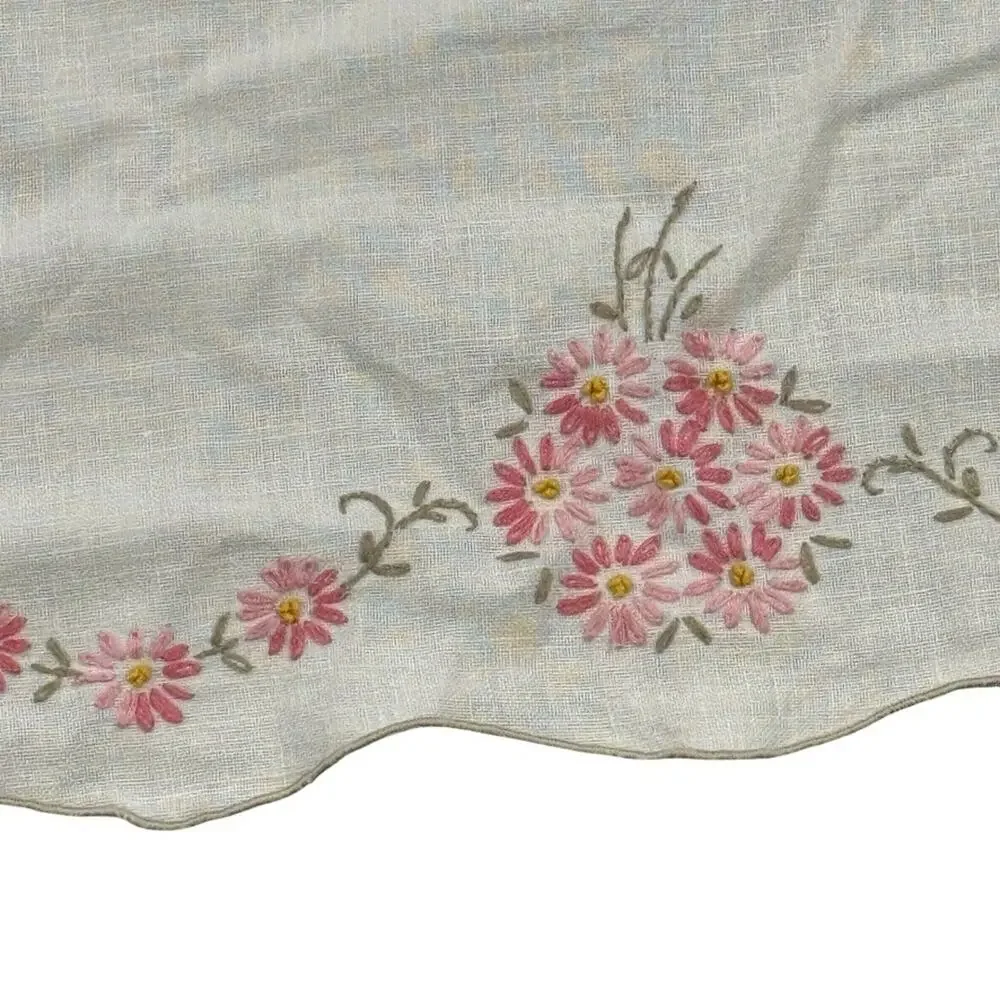 Vintage Embroidered Table Cloth Dining White Floral Scalloped Farmhouse 84x68